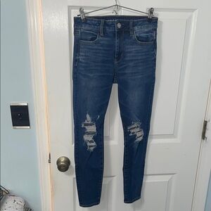 American Eagle Outfitters Blue Skinny Jeans with Distressed Details